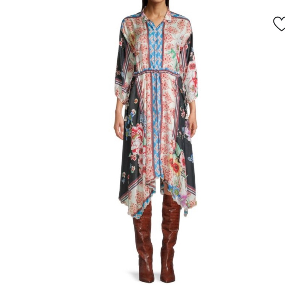 Johnny Was Black Floral Asymmetrical Midi Dress with Blue Trim